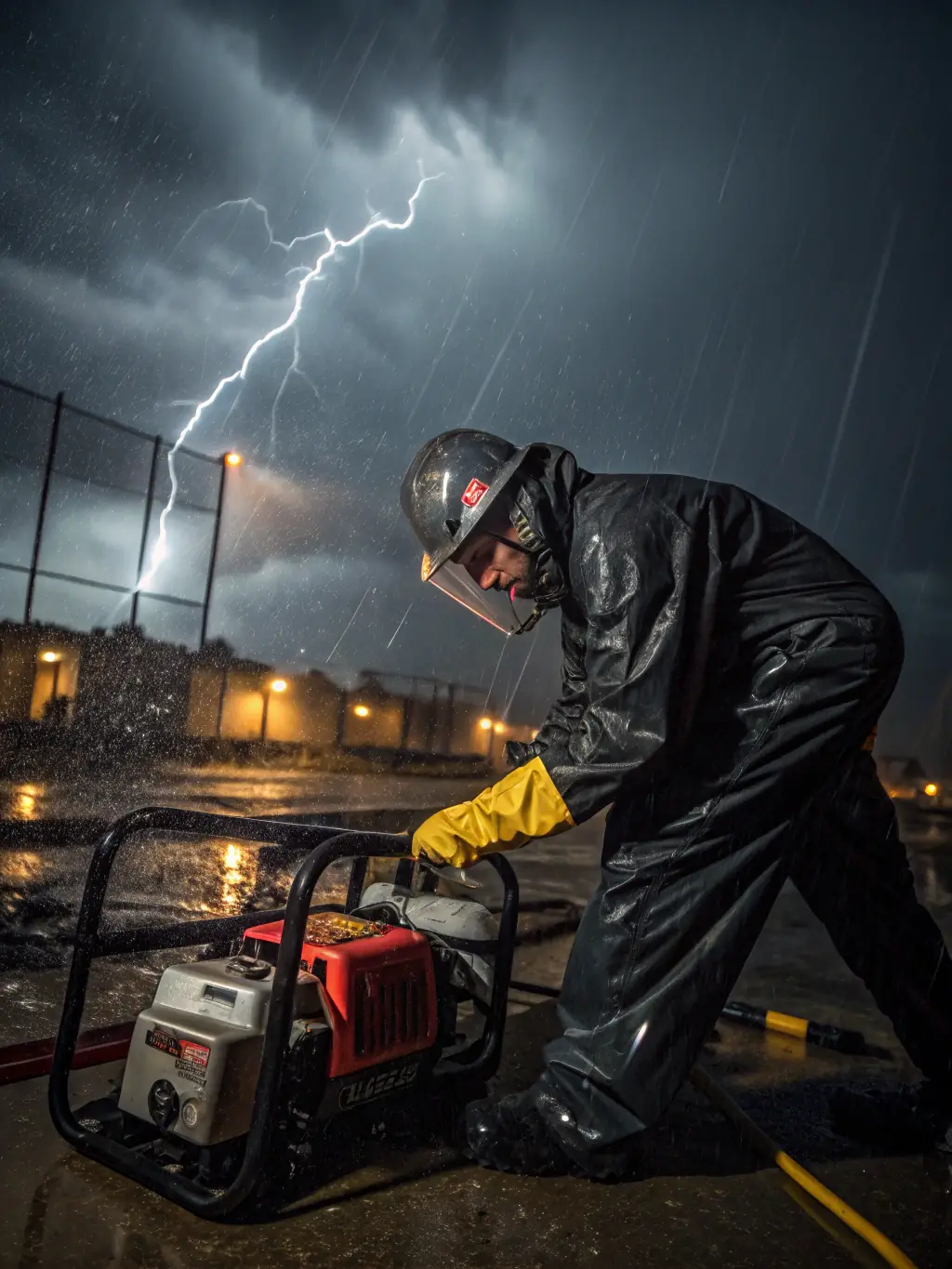 A technician working on a generator during a storm, with heavy rain and emergency lights in the background.