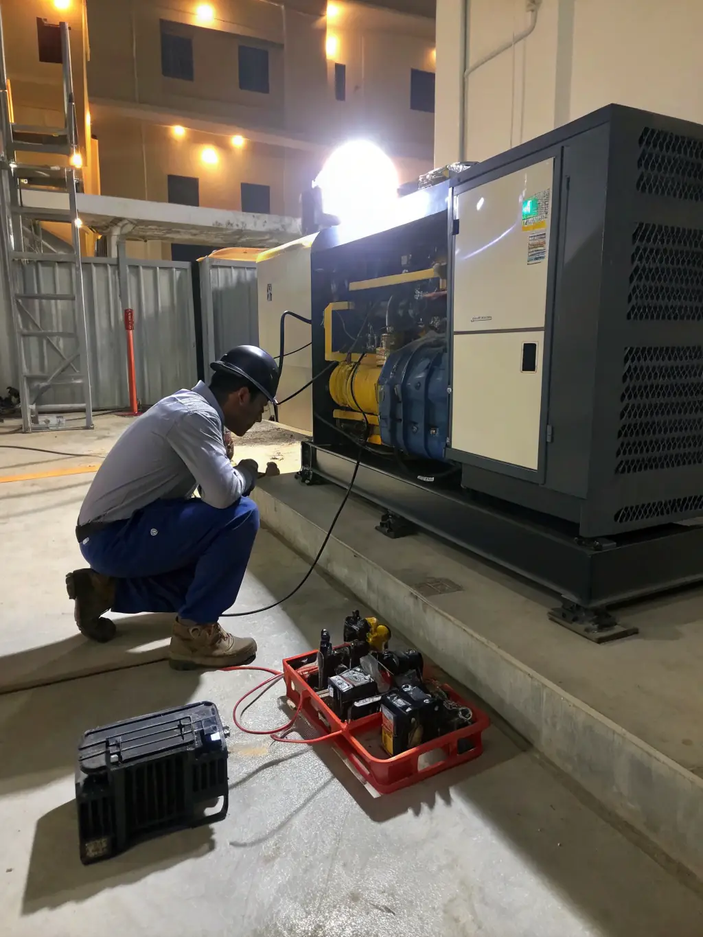 A technician performing routine maintenance on a generator, with diagnostic tools and safety equipment.