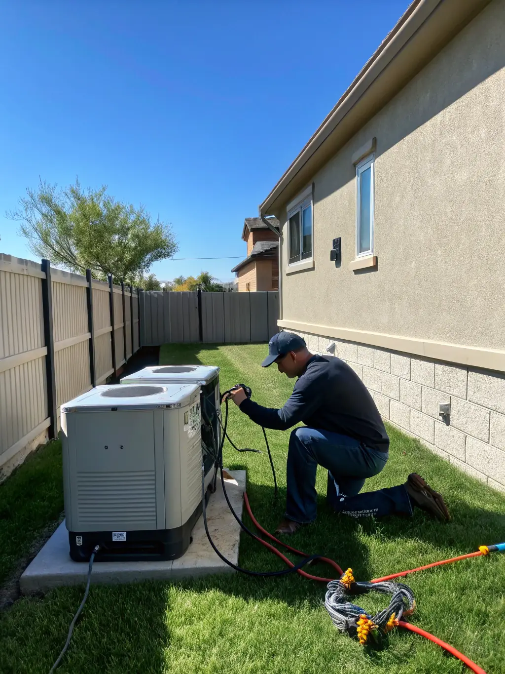 A modern home with a seamlessly integrated backup generator system, showcasing a clean and efficient energy solution.