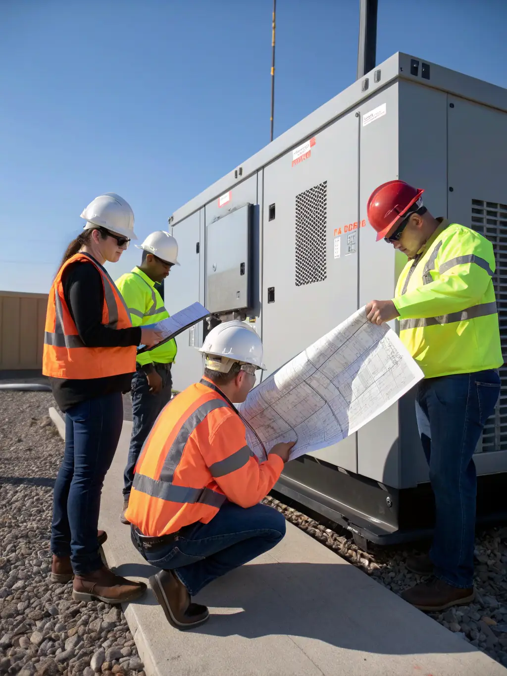 An image of a technician installing a Generac generator outside a residential home, with tools and safety gear visible.