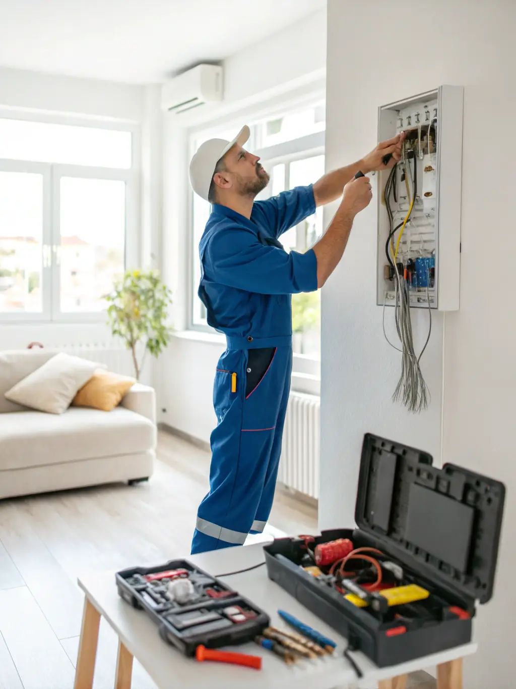 A professional installer in Worcester, MA, thoroughly inspecting a home's electrical panel before generator installation, ensuring compliance and safety.